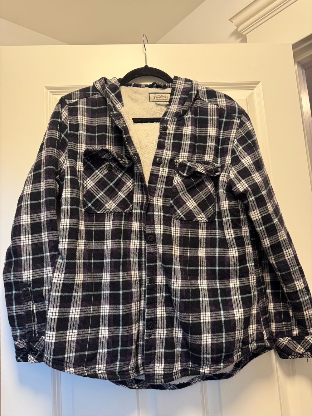 Boston Traders women's sherpa-lined plaid flannel hooded shirt jacket